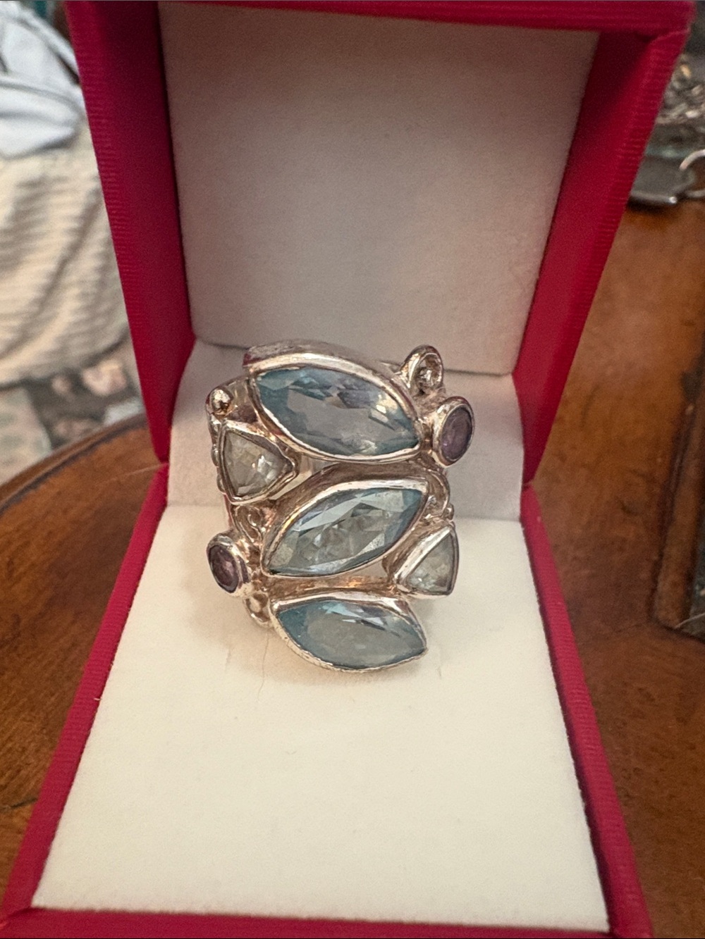 Hammered Sterling Silver Blue Topaz & Amethyst Multi-Stone Statement Ring